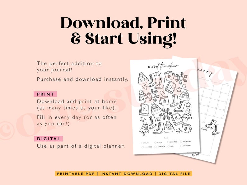 May include: Printable mood tracker and calendar pages in black and white. The mood tracker features a circular design with winter-themed illustrations, including a snowman, a mug, a book, and a snowflake. The calendar page is for January and has a simple grid layout.