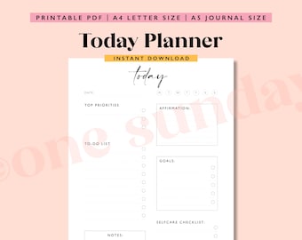 Op de afbeelding: Een printbare dagelijkse planner met de tekst "Today Planner" en "Instant Download" bovenaan. De planner bevat secties voor datum, topprioriteiten, to-do-lijst, bevestiging, doelen, zelfzorgchecklist en notities.