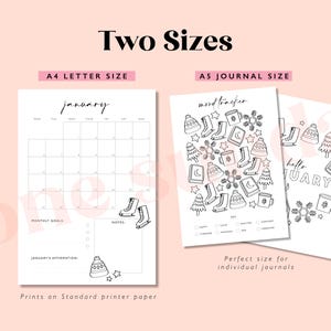 May include: Printable January calendar and mood tracker in black and white. The calendar includes space for monthly goals, notes, and an affirmation. The mood tracker features a winter theme with illustrations of snowflakes, ice skates, and a mug of hot cocoa.
