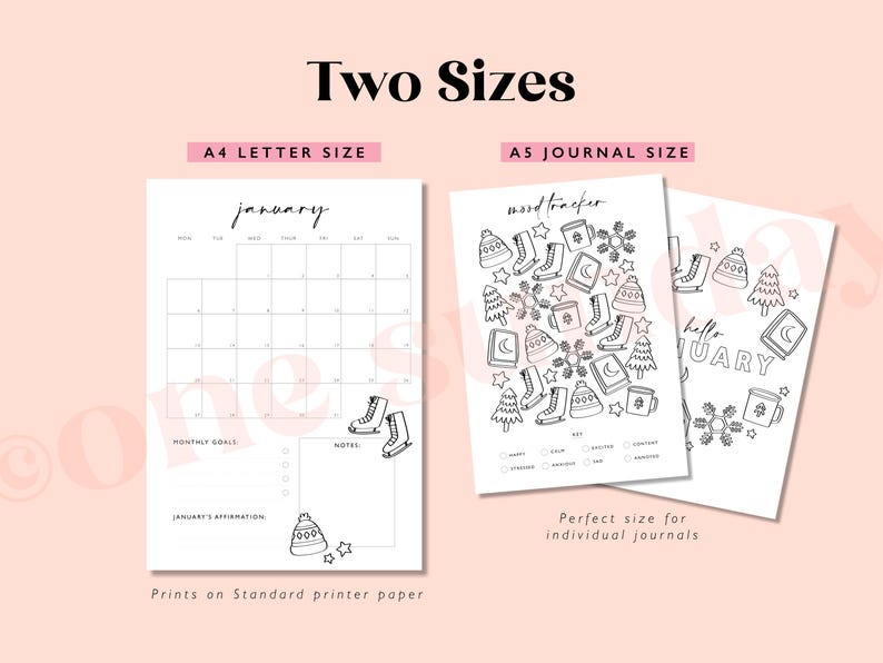 May include: Printable January calendar and mood tracker in black and white. The calendar includes space for monthly goals, notes, and an affirmation. The mood tracker features a winter theme with illustrations of snowflakes, ice skates, and a mug of hot cocoa.