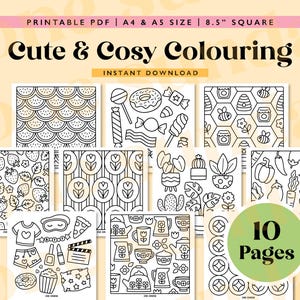 Può includere: Una raccolta di dieci pagine da colorare stampabili con vari disegni, tra cui motivi, cibo, piante e oggetti. Le pagine sono disegni a tratto in bianco e nero. Il testo "Cute & Cosy Colouring" e "Instant Download" sono visualizzati. Formato A4 e A5.