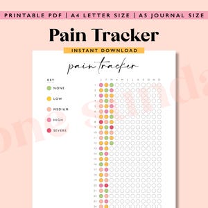 Peut inclure: Tableau de suivi de la douleur imprimable avec une clé pour différents niveaux de douleur : aucun, faible, moyen, élevé et sévère. Le tableau est conçu pour suivre les niveaux de douleur pour chaque jour du mois.