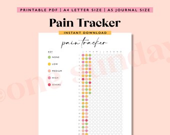 May include: Printable pain tracker chart with a key for different pain levels: none, low, medium, high, and severe. The chart is designed to track pain levels for each day of the month.