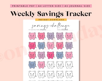 May include: Printable weekly savings tracker with a pink, purple, and blue piggy bank design. The tracker has a goal of €12,000 and is for saving for a new car.