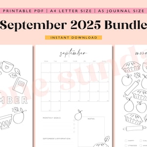 以下が含まれることがあります： 印刷可能な2025年9月のカレンダーバンドルと気分トラッカー。カレンダーは、月間目標、メモ、アファメーションのためのスペースを備えたシンプルなデザインです。気分トラッカーは、パイのスライス、洋梨、麺棒を備えた円形のデザインです。