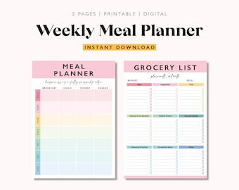 May include: A printable weekly meal planner with a grocery list. The meal planner has a pink background with a rainbow gradient and is divided into sections for breakfast, lunch, dinner, and snacks. The grocery list has a pink background with a yellow, green, and blue gradient and is divided into sections for meat, vegetables, fruit, sauces & condiments, pasta & grains, canned goods, cleaning products, household items, and other.