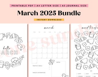 May include: Printable March 2025 calendar bundle with a mood tracker. The calendar features a simple design with a floral border and a bird illustration. The mood tracker has a variety of cute illustrations, including birds, teacups, and croissants.