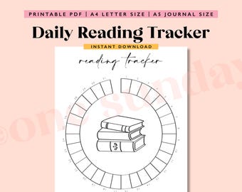 Op de afbeelding: Een printbare dagelijkse leestracker met een zwart-witte illustratie van een stapel boeken. De tracker is ontworpen als een cirkel met 31 secties voor elke dag van de maand.