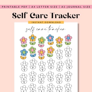Könnte beinhalten: Druckbarer Selbstpflege-Tracker mit floralem Thema. Der Tracker enthält 24 Blumen-Icons, von denen 8 in Pink, Blau, Grün und Gelb gefärbt sind. Die restlichen 16 Blumen sind schwarz umrandet.
