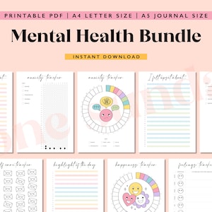 May include: A printable Mental Health Bundle with various trackers, including anxiety, stress, and feelings. The bundle includes A4 letter size and A5 journal size options. The design features pastel colors and illustrations.