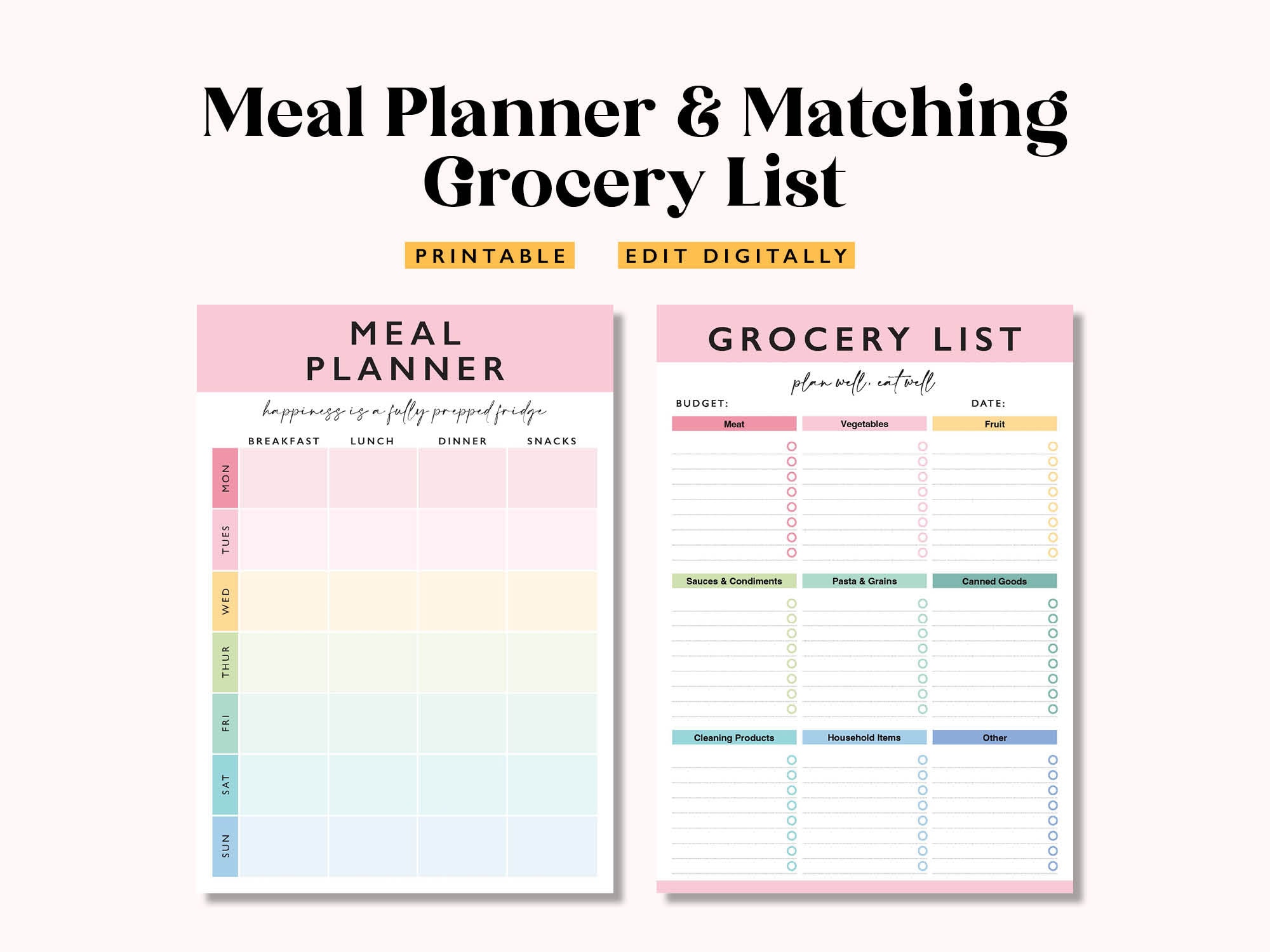 Weekly Meal Planner & Grocery List Printable (digital Download) - Etsy
