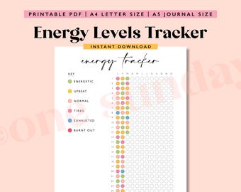 May include: Printable energy levels tracker with a key showing different colors for energetic, upbeat, normal, tired, exhausted, and burnt out. The tracker has a grid with days of the week and numbers 1-24.