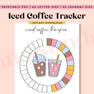 Può includere: Tracker di caffè freddo stampabile con un grafico circolare per tenere traccia del tuo consumo giornaliero. Il grafico è diviso in 30 sezioni, con uno schema di colori marrone, rosa, blu e giallo. L'immagine include anche due illustrazioni di cartoni animati di bicchieri di caffè freddo.