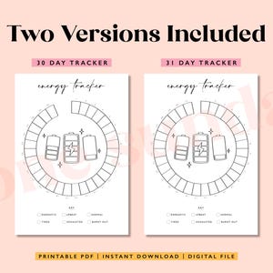 May include: Two printable energy level trackers, one for 30 days and one for 31 days. Each tracker features a circle with 30 or 31 sections, and a key with five energy levels: energetic, upbeat, normal, exhausted, and burnt out.