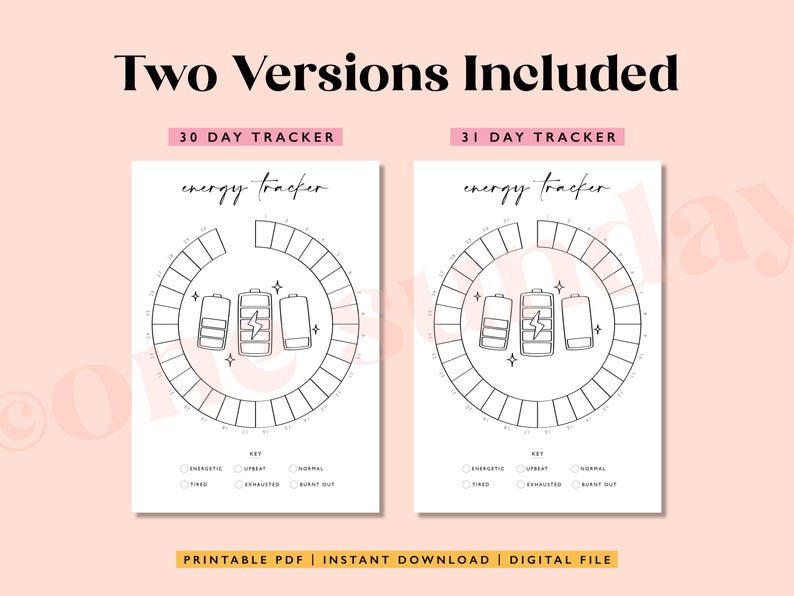 May include: Two printable energy level trackers, one for 30 days and one for 31 days. Each tracker features a circle with 30 or 31 sections, and a key with five energy levels: energetic, upbeat, normal, exhausted, and burnt out.
