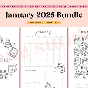 May include: Printable January 2025 planner bundle with a calendar, mood tracker, and goal setting pages. The pages feature a winter theme with illustrations of a house, snowflakes, a mug, a book, a tree, and ice skates.