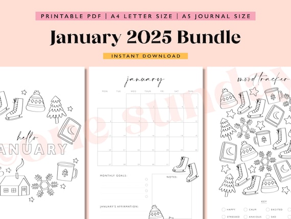 January 2025 Journal Bundle: Calendar & Mood Tracker (A5 Printable PDF)