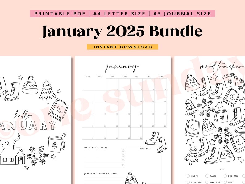 May include: Printable January 2025 planner bundle with a calendar, mood tracker, and goal setting pages. The pages feature a winter theme with illustrations of a house, snowflakes, a mug, a book, a tree, and ice skates.