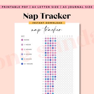 May include: Printable nap tracker chart with a key showing different nap lengths in colored circles. The chart is divided into days of the week and has 24 rows for each day.  The chart is designed to track nap times for each day of the month.
