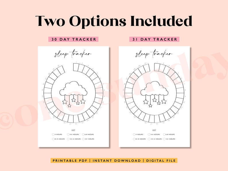 May include: Printable sleep tracker with two options: a 30-day tracker and a 31-day tracker. Each tracker features a circle divided into sections for tracking sleep hours, with a cloud and stars graphic in the center. The text "sleep tracker" is written at the top of each tracker.