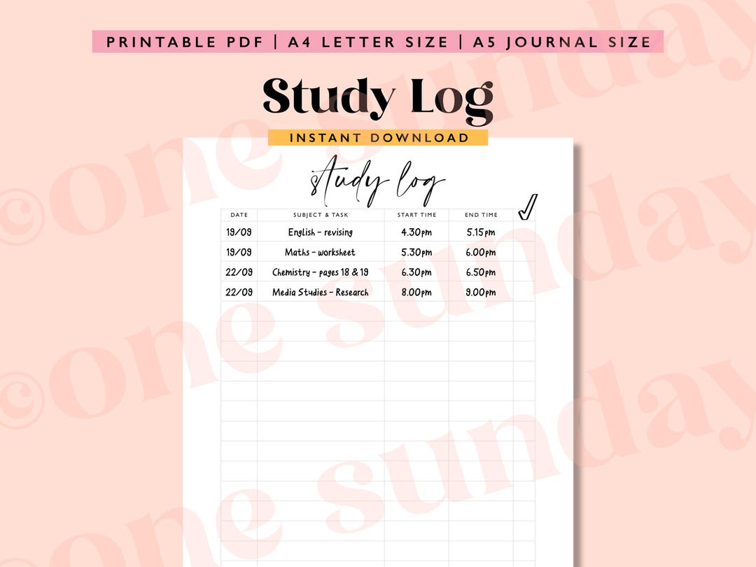 Study Log Printable: A5 Homework & School Planner (digital Download) - Etsy