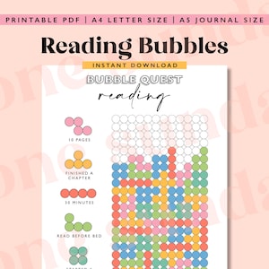 Op de afbeelding: Een afdrukbare PDF-leestracker met de titel "Reading Bubbles" met een kleurrijk bubbelontwerp. De tracker bevat secties voor het volgen van pagina's, hoofdstukken en leestijd. De tekst bevat "Direct downloaden".