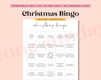 May include: A printable Christmas Bingo card with a black and white design. The card has 25 squares with different Christmas-themed activities, such as "Made a wish list", "Had a seasonal drink", "Baked cookies", "Wore a festive jumper", "Put up the Christmas tree", "Watched the holiday", "Opened an Advent calendar", "Wrote a Christmas card", "Started a new book", "Supported a small business", "Did a random act of kindness", "Bought a scented candle", "Went to see festive lights", "Visited a Christmas tree farm", "Bought myself a gift", "Hung a wreath on the door", "Visited family", "Wrapped some presents", "Cleaned my space", "Wore Christmas socks", "Sent a letter to Santa", "Listened to a Christmas song", "Had a games night", and "Ate a mince pie".