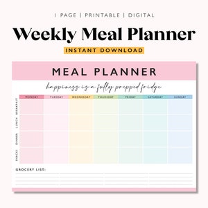 Weekly Meal Planner Printable: Editable Grocery List (Digital Download)