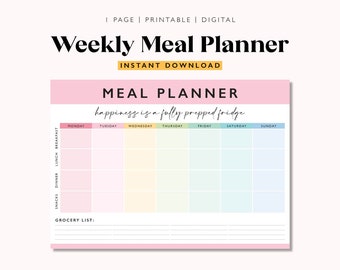 May include: A printable weekly meal planner with a pink, yellow, and blue gradient design. The planner includes sections for snacks, dinner, lunch, and breakfast for each day of the week. It also includes a grocery list section. The text "happiness is a fully prepped fridge" is written in cursive at the top of the planner.