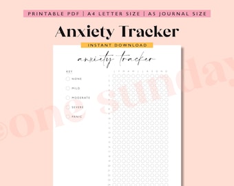 May include: Printable anxiety tracker with a key to rate anxiety levels from none to panic. The tracker is designed for a year, with columns for each month.  The tracker is in black and white with a pink background.