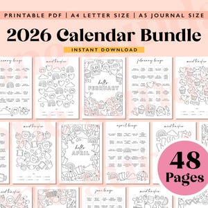 Könnte beinhalten: Ein druckbares 2026 Kalender-Bundle mit rosa Hintergrund. Der Kalender enthält Monatsseiten mit Illustrationen im Doodle-Stil und Mood Trackern. Der Text enthält "2026 Calendar Bundle" und "Instant Download". Das Bundle enthält 48 Seiten.