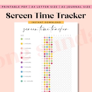 May include: Printable screen time tracker with a key showing different colors representing time increments from 1 to 10+ hours. The tracker is designed for a week, with columns for each day of the week.