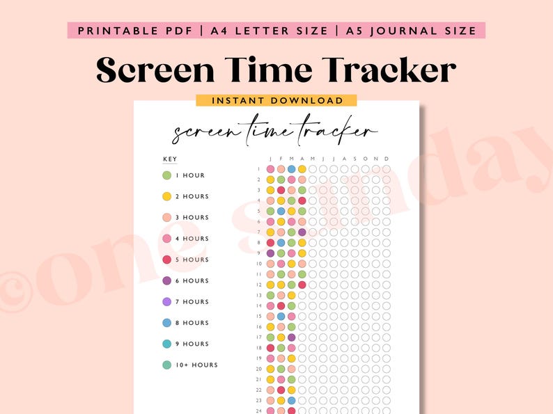 May include: Printable screen time tracker with a key showing different colors representing time increments from 1 to 10+ hours. The tracker is designed for a week, with columns for each day of the week.