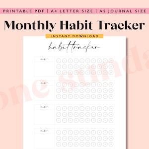 May include: Printable monthly habit tracker with four sections for tracking habits. Each section has a blank space for writing the habit name and a grid of 31 circles for marking off days.
