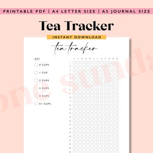 May include: Printable tea tracker with a black and white design. The tracker has a key with 0 to 5+ cups and a grid for each month of the year. The text "Tea Tracker" is in bold black text with the words "Instant Download" in smaller black text below.