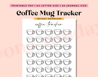 May include: Printable coffee mug tracker with 40 mugs in a grid pattern. The tracker is designed to be used for tracking coffee consumption.