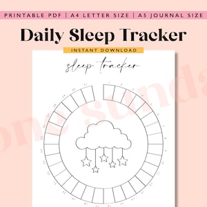 May include: Printable daily sleep tracker with a cloud and stars design. The tracker is a circle with numbers from 1 to 24 around the edge, representing hours in a day.