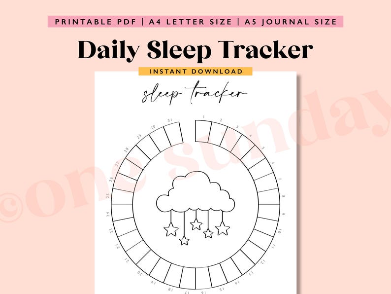 May include: Printable daily sleep tracker with a cloud and stars design. The tracker is a circle with numbers from 1 to 24 around the edge, representing hours in a day.