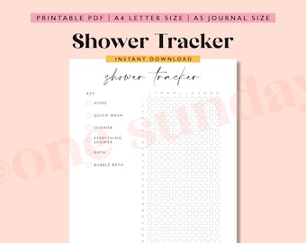 Op de afbeelding: Een printbare douchetracker met een witte achtergrond en zwarte tekst. De tracker bevat een sleutel met opties voor "Geen", "Snelle wasbeurt", "Douche", "Volledige douche", "Bad" en "Bellenbad". De tracker heeft een raster met cirkels voor elke dag van de maand, met de maanden bovenaan gelabeld.