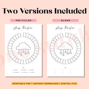 May include: Printable sleep tracker with two versions: a pre-filled version and a blank version. Both versions feature a cloud with stars hanging from it. The pre-filled version has a key with different sleep hour options.