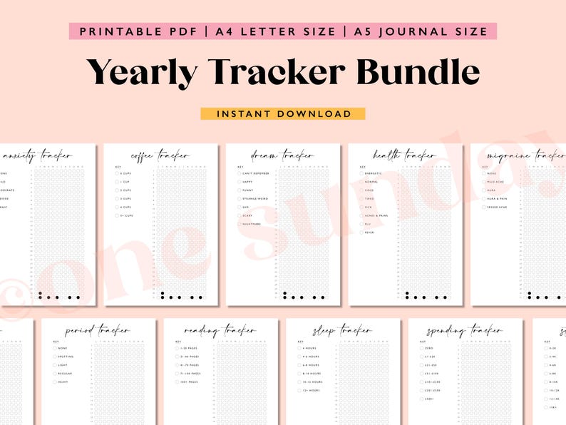 Yearly Tracker Bundle, Printable Journal Pages, Digital Planner Pages ...