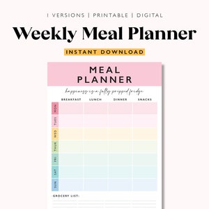 Könnte beinhalten: Ein druckbarer wöchentlicher Speiseplan mit rosa Hintergrund und dem Zitat "Glück ist ein vollgepackter Kühlschrank". Der Planer hat Bereiche für Frühstück, Mittagessen, Abendessen und Snacks und beinhaltet eine Einkaufsliste.