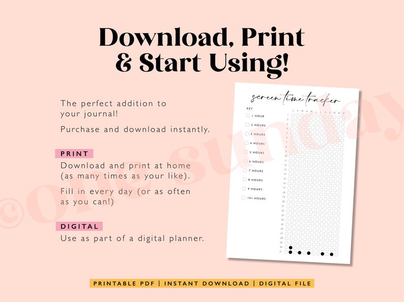 May include: Printable screen time tracker with a black and white design. The tracker has a column for each day of the week and rows for each hour of the day. The tracker is designed to help people track their screen time.
