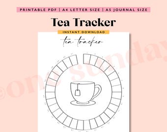 May include: Printable tea tracker featuring a black and white illustration of a teacup with a tea bag. The tracker is a circle with 31 sections for each day of the month.