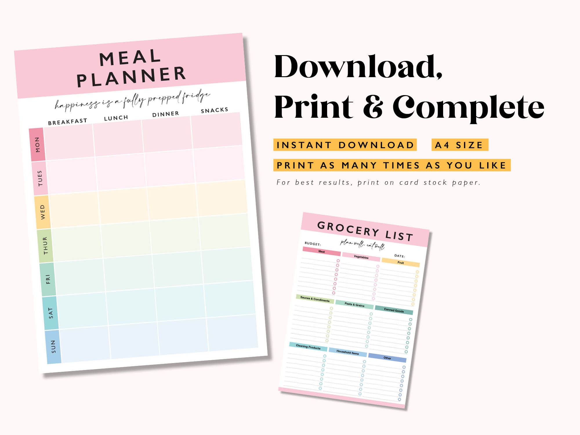 Weekly Meal Planner & Grocery List Printable (digital Download) - Etsy