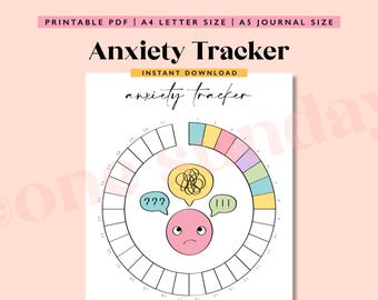 Peut inclure: Un tracker d'anxiété imprimable avec un graphique circulaire divisé en 31 sections. Le graphique est entouré d'un anneau coloré avec des sections en jaune, rose, violet, bleu et vert. Au centre du graphique se trouve un visage de dessin animé avec une expression confuse et deux bulles de pensée, l'une avec des points d'interrogation et l'autre avec des points d'exclamation.