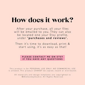 May include: Text explaining how to download digital files after purchase on Etsy. The text says "How does it work?" and explains that files will be emailed to the buyer and can also be found in their Etsy purchases. It also says "Please contact me on Etsy if you have any questions".