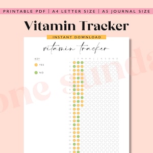 May include: Printable vitamin tracker with a yellow and green key. The tracker has a grid of circles for each day of the month, with a column for each month of the year. The text "vitamin tracker" is at the top of the page.