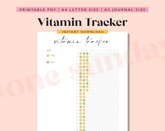 Pode incluir: Um rastreador de vitaminas imprimível com o título "Vitamin Tracker". Inclui uma chave para "SIM" e "NÃO" e uma grade para rastreamento. O documento está disponível nos tamanhos A4 e A5. O título está em uma fonte elegante.