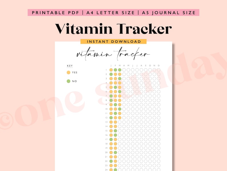 May include: Printable vitamin tracker with a yellow and green key. The tracker has a grid of circles for each day of the month, with a column for each month of the year. The text "vitamin tracker" is at the top of the page.